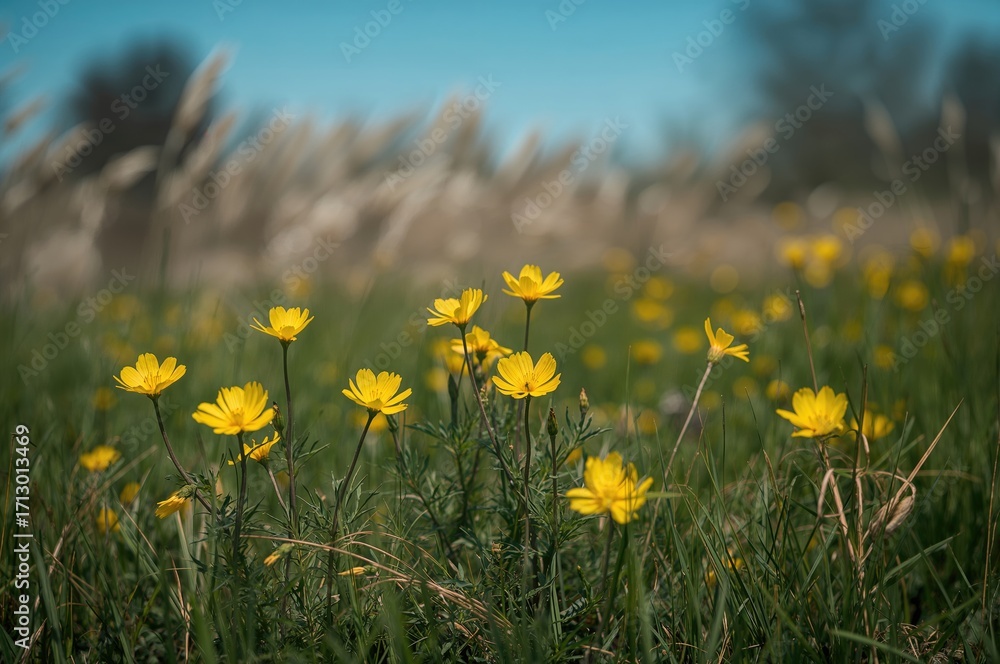 Obraz premium A meadow of buttercup flowers with stems and leaves in a soft, blurred background