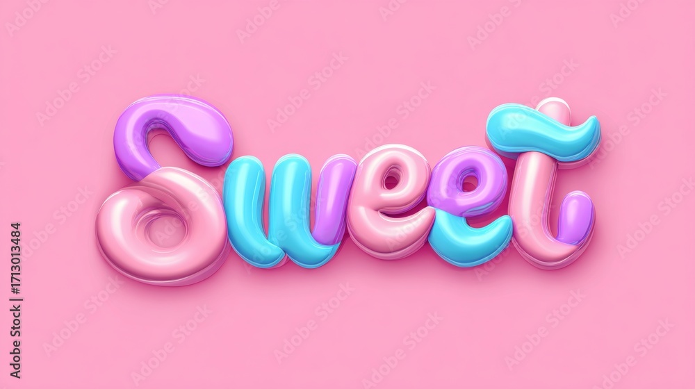 Fototapeta premium Sweet typography in a playful 3d rendering with pastel colors, featuring glossy bubbly letters on a pink background, expressing concepts of childhood, fun, and treats