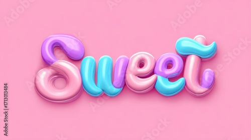 Sweet typography in a playful 3d rendering with pastel colors, featuring glossy bubbly letters on a pink background, expressing concepts of childhood, fun, and treats