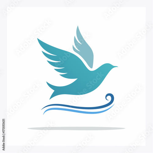 Elegant blue dove icon soaring over stylized waves, evoking freedom and serenity
