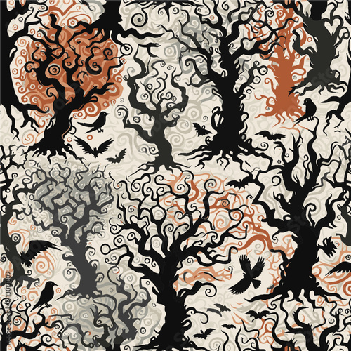Vintage Woodcut-Style Landscape with Gnarled Trees and Bats