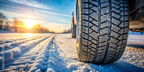 Tire tracks lead through a snowy landscape as the sun sets, illuminating the winter scene. The vehicle is ready for safe travel in cold conditions