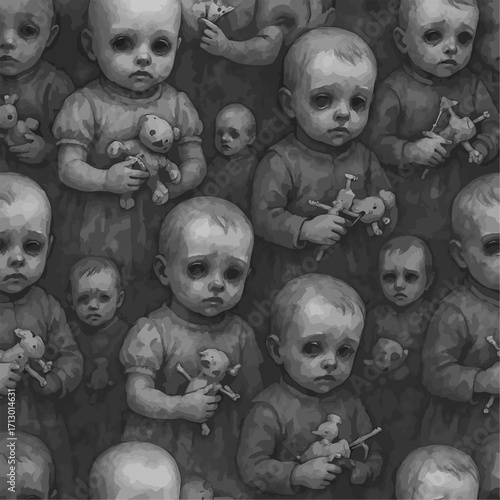 Surreal Babies with Crude Toys in Unsettling Composition
