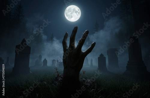 Creepy Halloween background, zombie hand emerging from grave against gloomy cemetery and dark forest backdrop