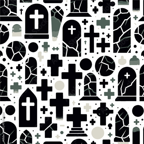 Somber Black and White Graveyard Illustration Pattern