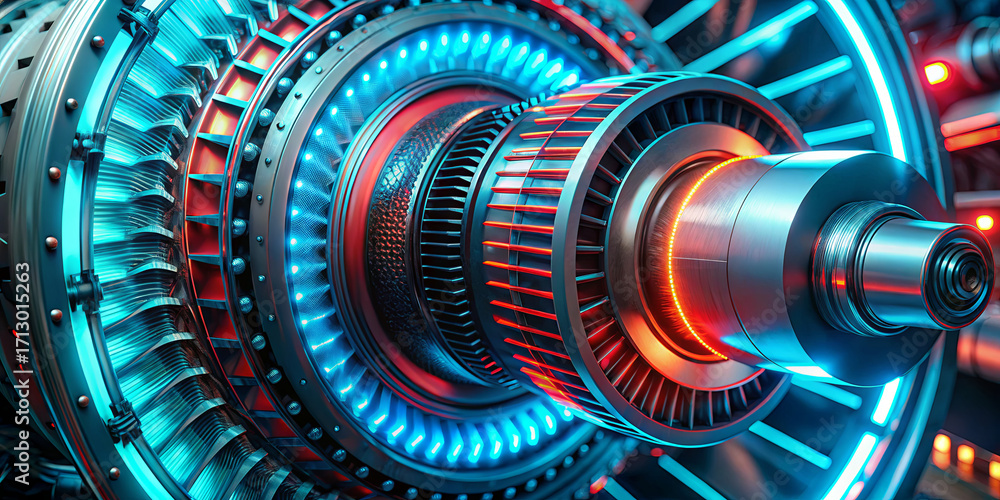 Fototapeta premium A detailed view of a turbine engine features vibrant blue and red lighting that highlights its complex structure. The scene captures the essence of modern engineering and design