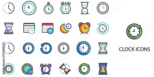 Clock simple concept 24 color icons set .Vector illustration.	