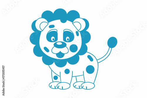 Cartoon lion displays bright cyan fur and playful polka dots on a white backdrop