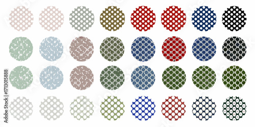 Collection of textured circular patterns in various colors and designs including polka dots and geometric shapes