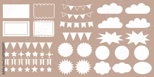 Collection of white decorative elements including frames bunting clouds stars and speech bubbles on a taupe background