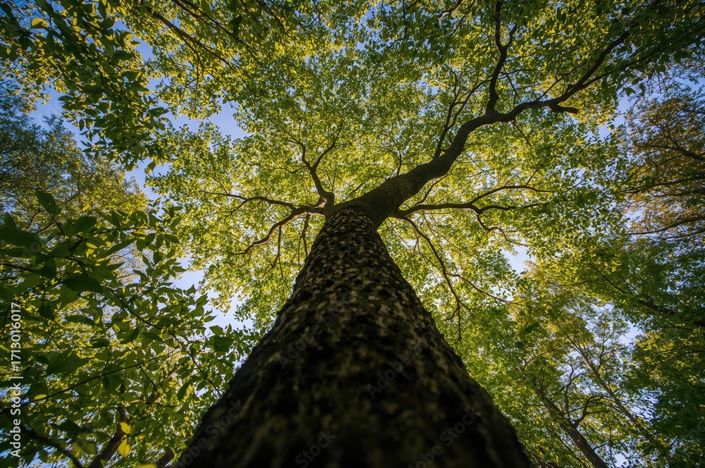 Naklejka premium Looking Up at a Leafy Branch of a Green Tree, Symbolizing a Healthy Planet and Nature