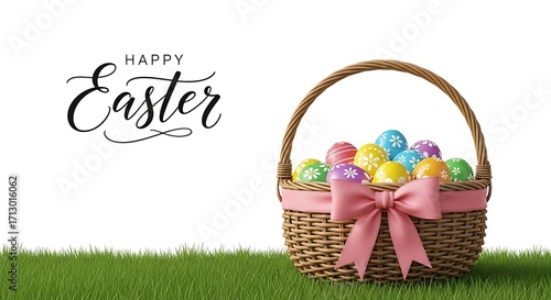 Happy easter basket with colorful eggs and pink bow, isolated on white background
