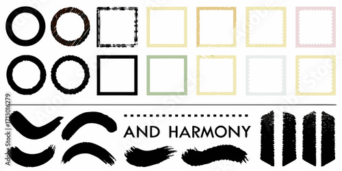 Collection of decorative frames and artistic brush strokes with the words and harmony