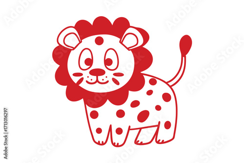 Cartoon lion stands with red spots and mane against white background is cute