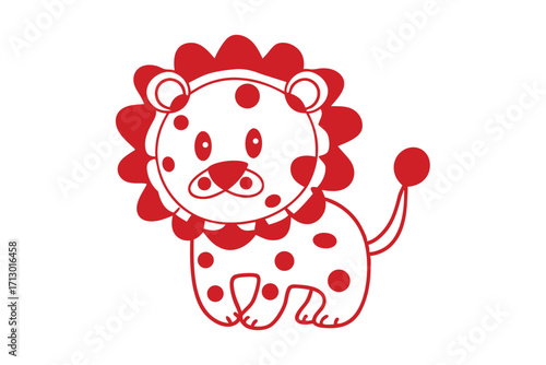 Cartoon lion with a red mane and polka dots stands isolated on white