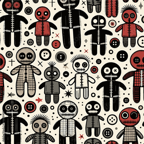 Spooky Voodoo Dolls in Whimsical Repeating Pattern with Copy Space