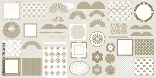 Collection of japanese traditional patterns and decorative elements in beige and white