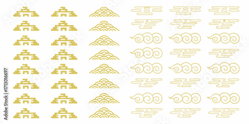 Collection of traditional east asian decorative elements including mountains clouds and abstract shapes in gold
