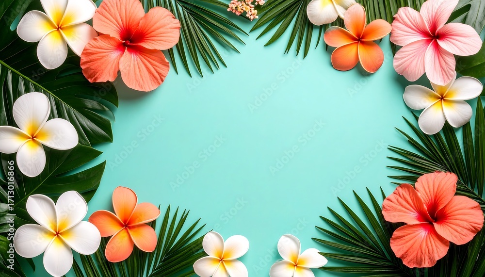 Naklejka premium Tropical flower frame on teal background