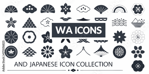 Collection of japanese wa icons and symbols featuring traditional elements and nature motifs