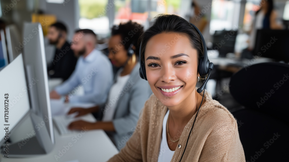 Fototapeta premium Portrait of a professional call center agent wearing headset, smiling at camera while working on computer, diverse team in modern office background. S call center agent portrait, c