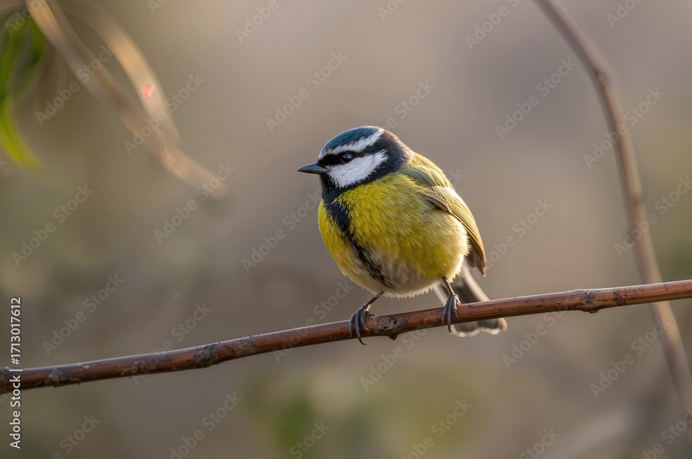 Fototapeta premium A small bird perched on a tree limb with a soft-focused backdrop, horizontal orientation