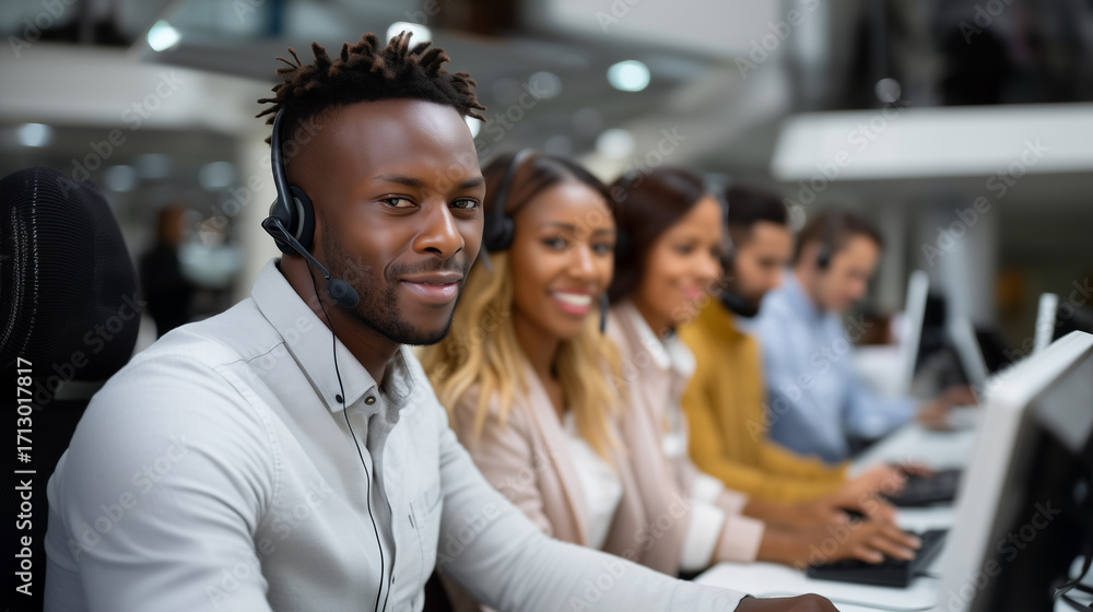 Obraz premium Group of multicultural call center employees sitting at desks with headsets, focused on computers, teamwork in professional customer support office. call center teamwork, multicult