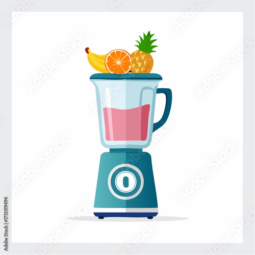 Illustration of a Blender Filled with Fruit Juice and Topped with Fresh Fruits