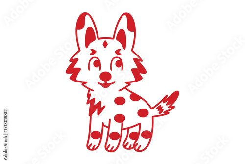 Cartoon red dog with dots stands friendly with a smile, isolated on white