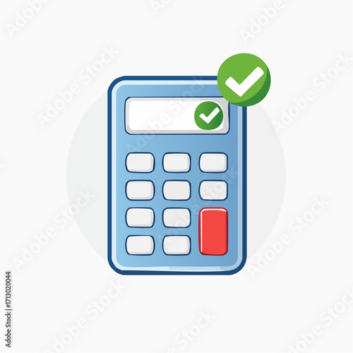 Illustration of a blue calculator with a checkmark representing successful calculation and approval