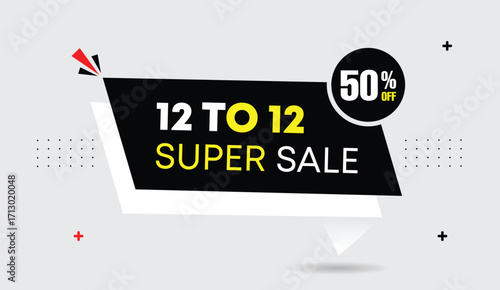 12 to 12 super sale half price editable web banner vector art illustration design black and white shapes on light gray background creative modern promotion marketing template graphics