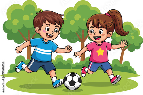 Boy and girl playing soccer in park, children running with football, cartoon illustration for kids sports, outdoor fun, active lifestyle