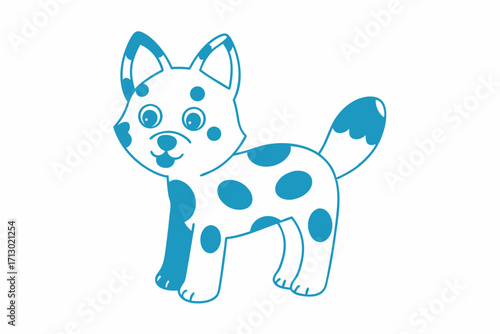 Cartoon spotted animal smiles cheerfully with a blue outline against the white backdrop