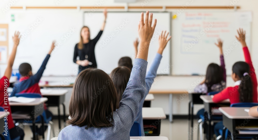 Fototapeta premium Engaged Students Raising Hands During a Classroom Lesson