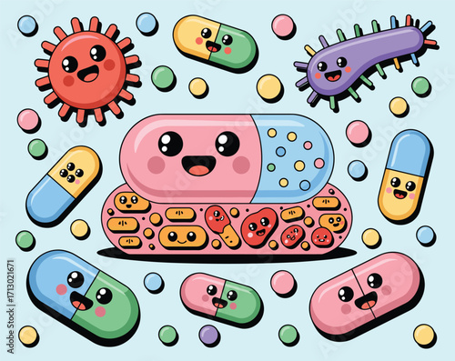 Cartoon capsules and bacteria, colorful medicine illustration, smiling germs with faces, dark background, kids health, probiotic concept