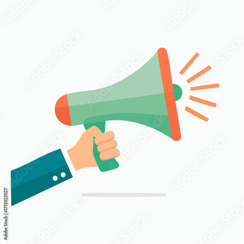 Illustration of a hand holding a megaphone, concept of announcement and promotion