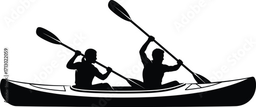 Silhouette of Two People Canoeing with Paddles, Black and White Vector for Outdoor Recreation, Teamwork, and Water Sports Themes