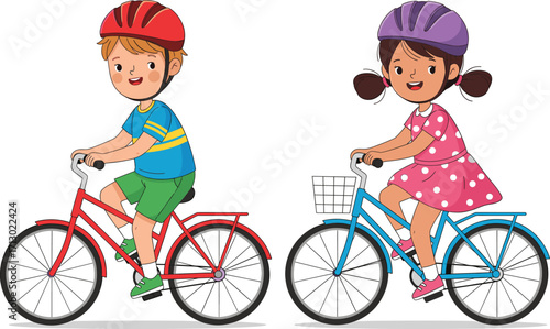 Boy and girl riding bicycles with helmets, children cycling safely outdoors, cartoon illustration for active kids, healthy lifestyle, summer fun