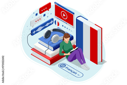 France, French. Isometric person learning a foreign language with a virtual assistant on a tablet, showcasing modern digital education. Modern AI assistant for education, e-learning