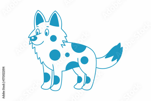 Cartoon spotted dog standing happily with a fluffy tail against a plain background