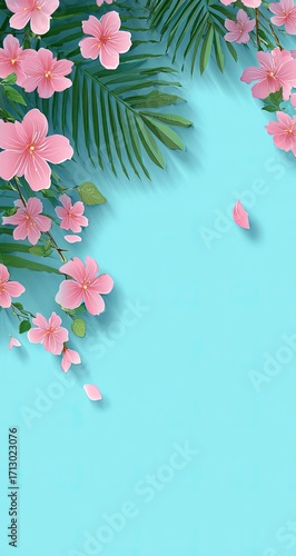 Pastel pink flowers and tropical leaves on a light teal background