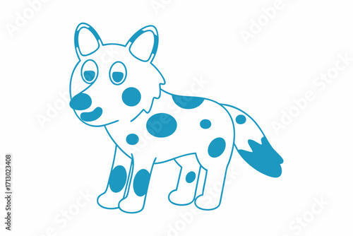 Cartoon spotted hyena outline stands cheerfully rendered in vibrant blue on a white background