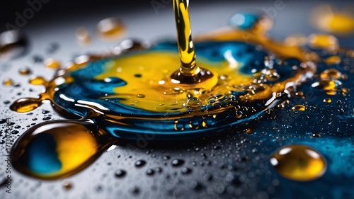 A vibrant splash of blue and orange oil, creating mesmerizing patterns on a dark surface.