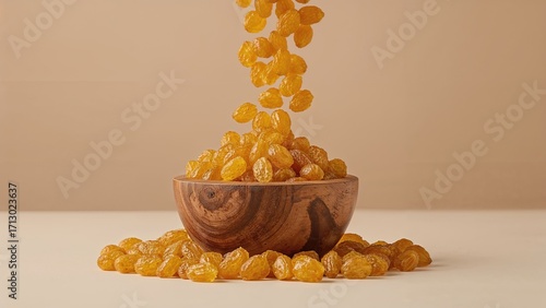 Dry yellow sultana raisins flowing into a wooden container, with empty space nearby.