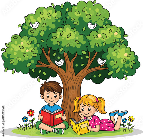 Boy and girl reading books under tree, children studying outdoors, birds in tree, flowers, peaceful learning, cartoon illustration for education