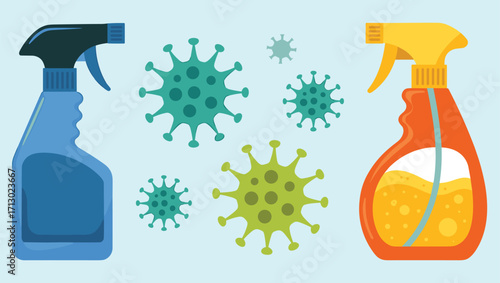 Disinfectant spray bottles, cartoon virus illustration, cleaning concept, hygiene protection, health safety design, antibacterial product graphic