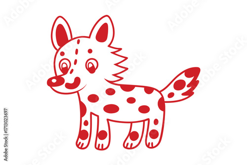 Cartoon spotted hyena outlined in red stands with a cheerful expression, perfect for kids