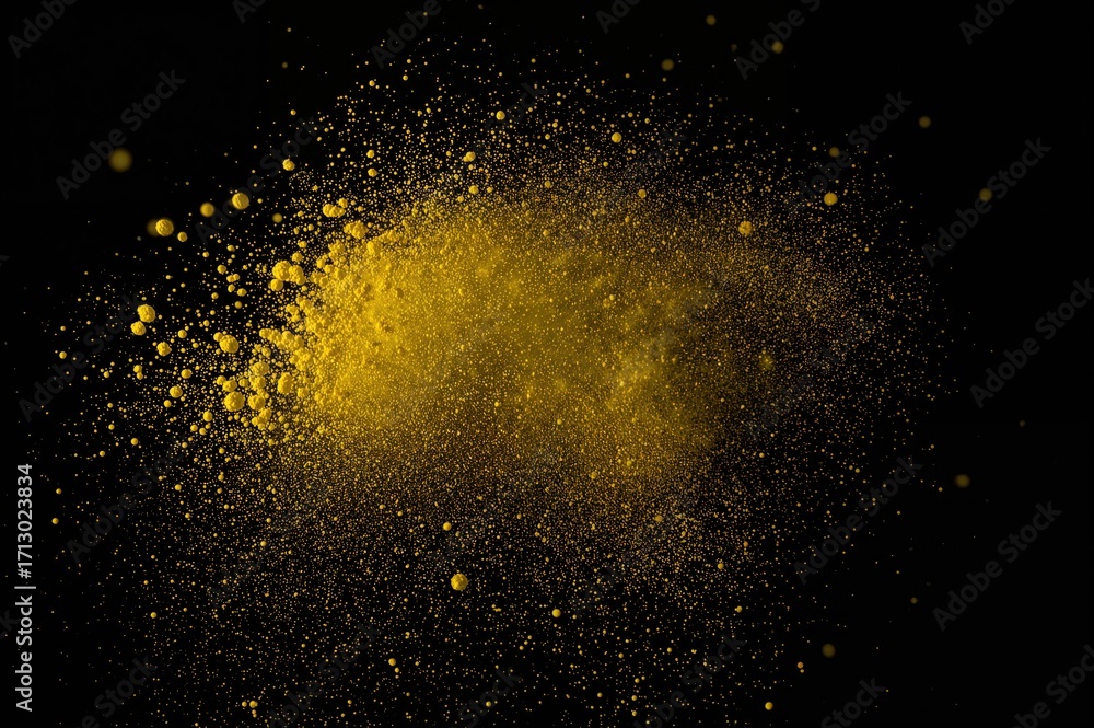 Fototapeta premium Yellow dust particles floating separately against a dark backdrop, motion powder dispersion.