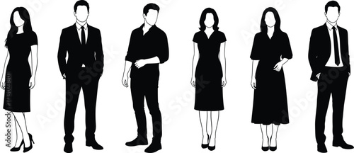 Stylized business silhouettes of diverse men and women in formal attire representing gender equality, professionalism, fashion, and workplace diversity.