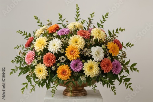 Display stand adorned with chrysanthemums in yellow, purple, pink, orange, and white hues